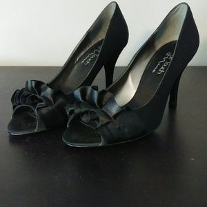 Black satin 3 inch peep toe stilettos